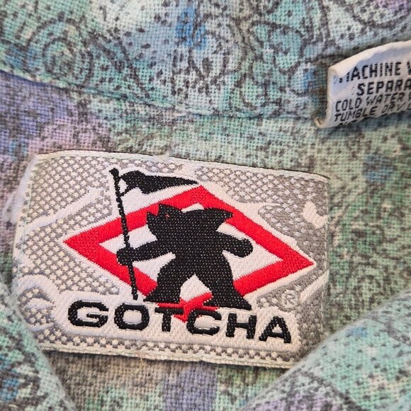 Vintage 90s Gotcha Button Down Shirt Purple Green Abstract Floral Skater Medium - Picture 7 of 14